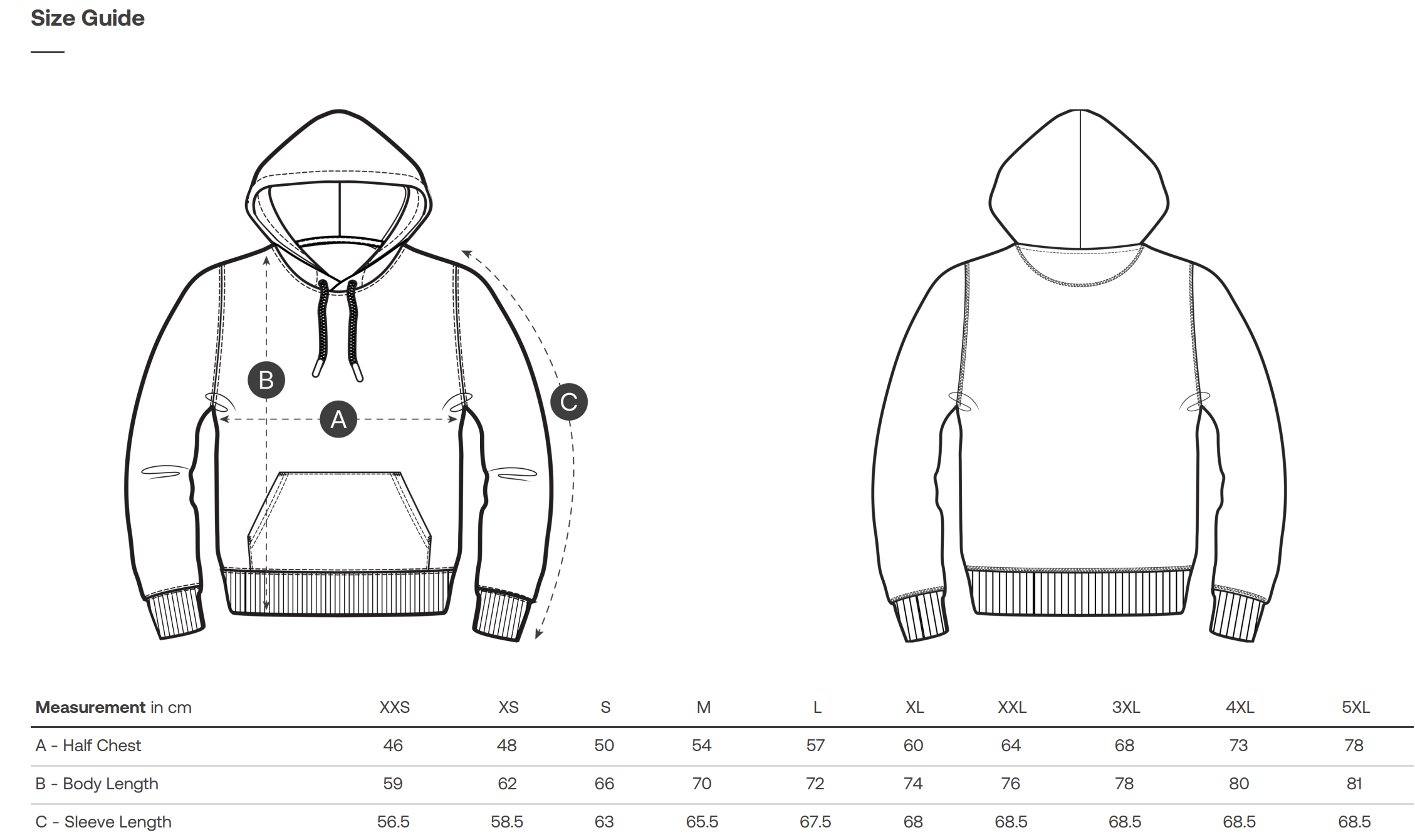 Velikostní tabulka Mikina HCO Outline